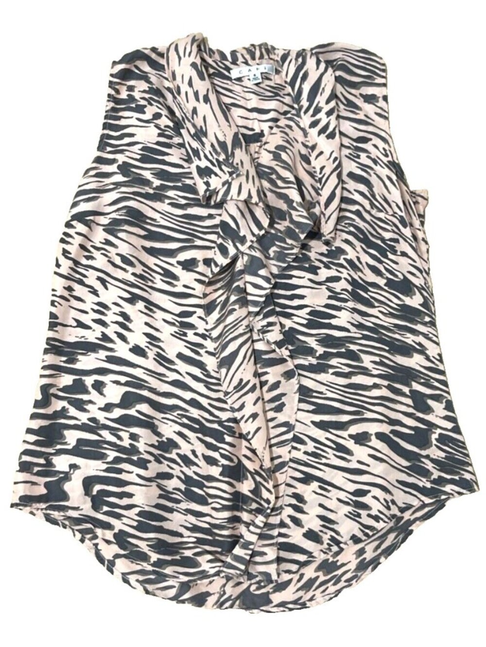 CAbi Pink Brown Animal Print 100% Silk Sleeveless Ruffle Blouse Womens Size S